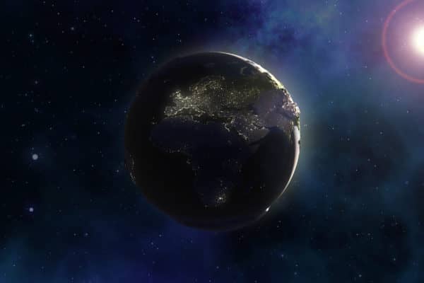 3D render of a space background with Earth in nebula sky
